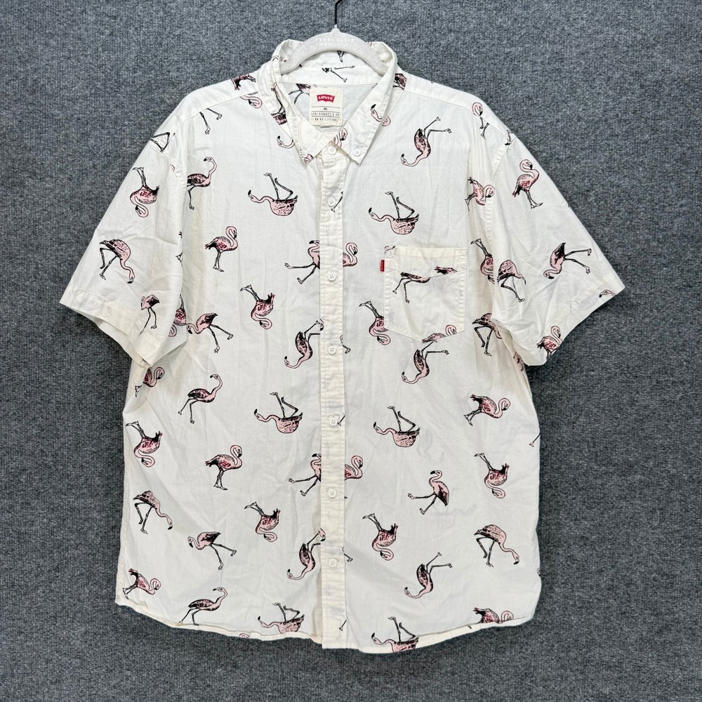 Levis Button Up‎ Shirt Mens XXL White Flamingo Print Camp Short Sleeve Casual